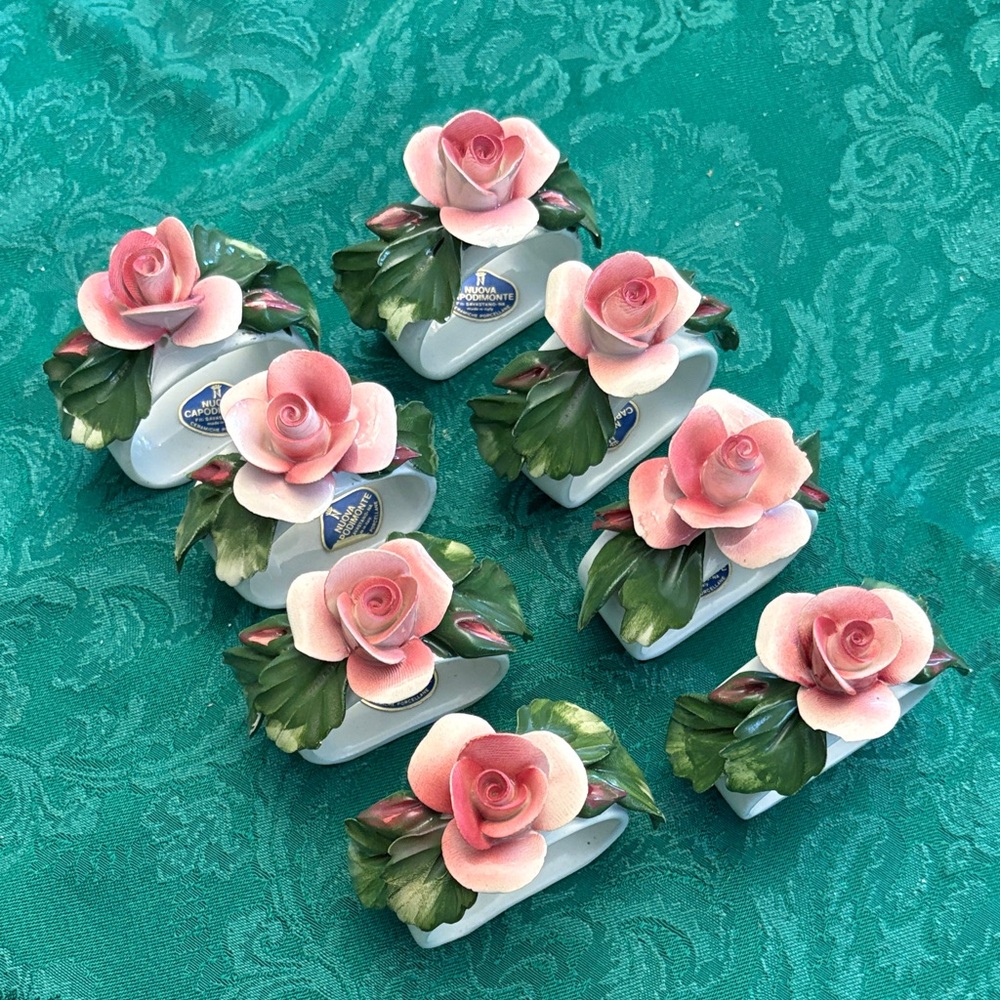 Capodimonte Pink Rose Bouquet Napkin Holders - Set of 8.